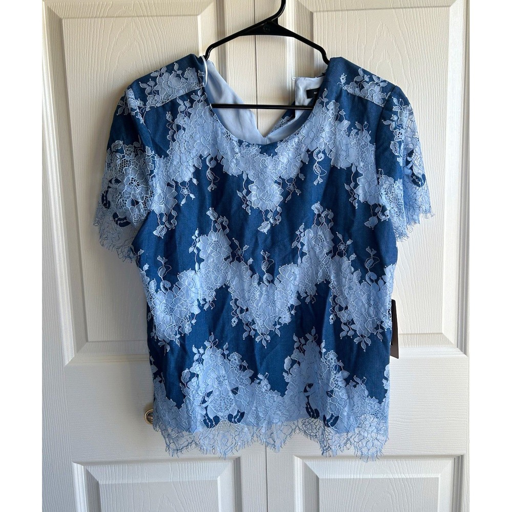 Halogen Blue Floral Lace Short Sleeve V-Neck Lined Blouse Top Women's L